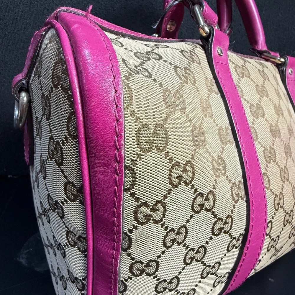 Gucci Beige GG Canvas Satchel with Bright Pink Leather Trim
